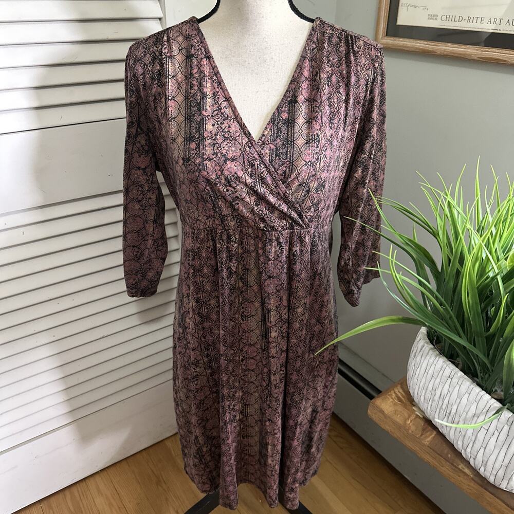 Peruvian Connection Dress Womens Large Brown Pink Margaux Faux Wrap Boho Chic